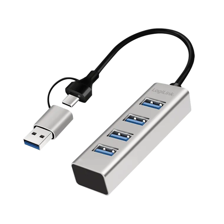 USB 3.0 Hub, 4x USB-A, 5 Gbit/s, 2-in-1 Anschlusskabel, Silber