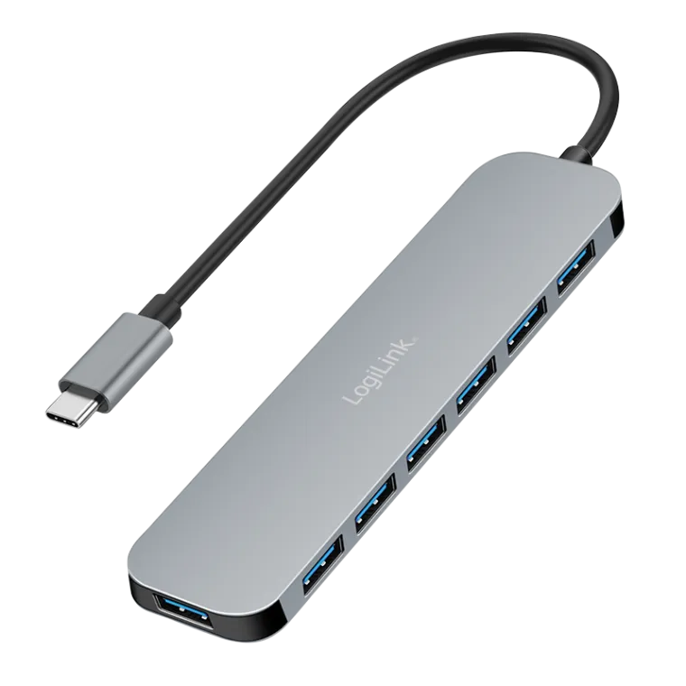 USB-C Hub, 7-Ports, USB 3.2 Gen 1, 7x USB-A, 5 Gbit/s, Aluminiumgehäuse, inkl. 20 W PD Ladegerät, Sp