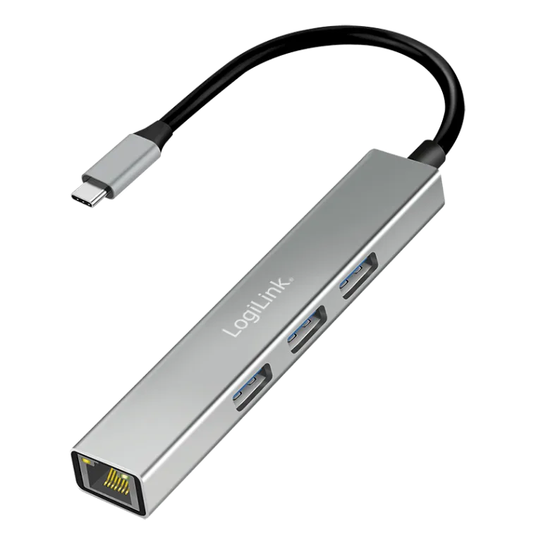 USB 3.2 Gen1 Hub, 3x USB-A, 1x RJ45 Gigabit Ethernet Adapter, 5 Gbit/s, 4,5 W, Aluminium