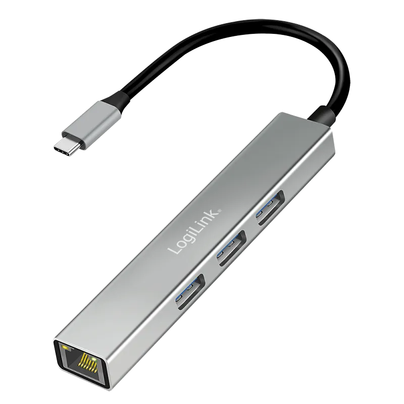 USB 3.2 Gen1 Hub, 3x USB-A, 1x RJ45 Gigabit Ethernet Adapter, 5 Gbit/s, 4,5 W, Aluminium
