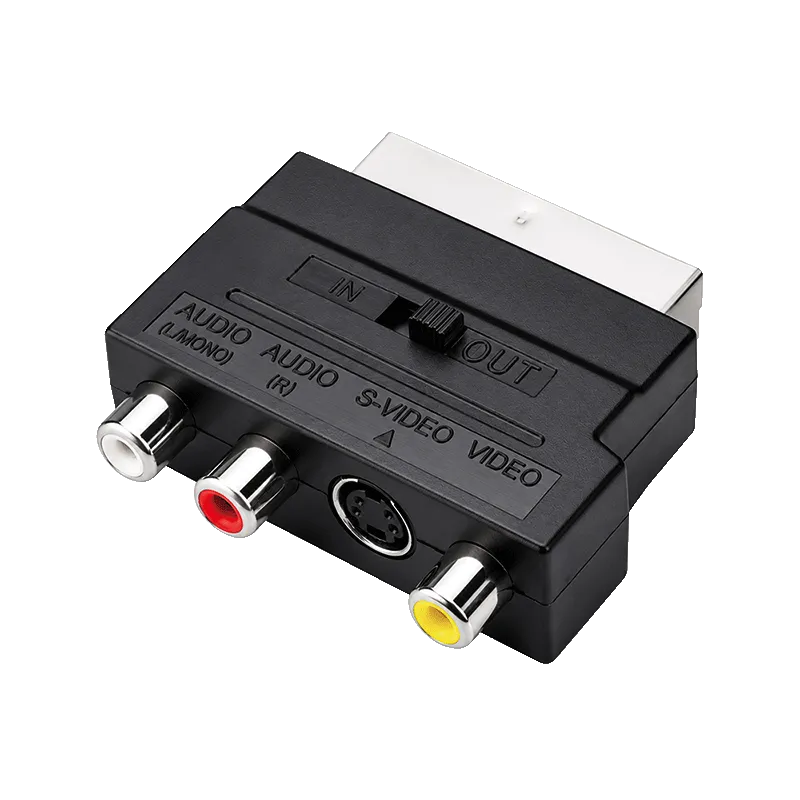 Scart Adapter mit Schalter, Scart/M zu 3x Cinch/F + S-Video/F, schwarz
